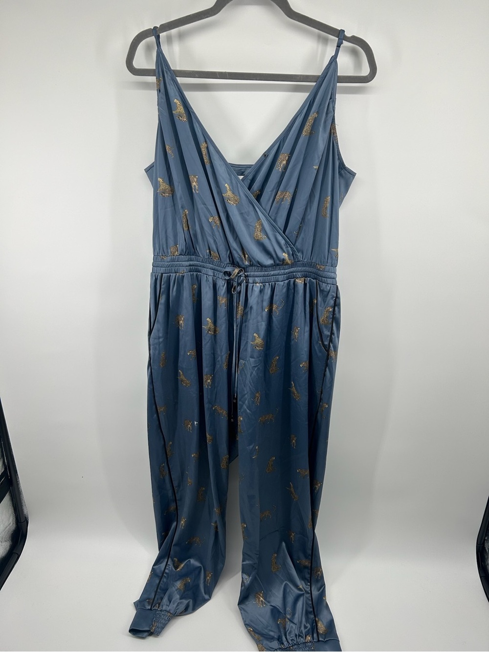 Blue Satin Jumpsuit with Gold Leaf Print